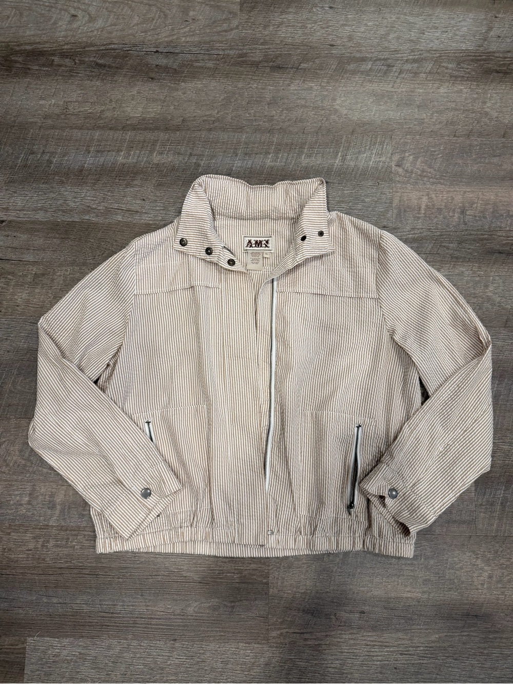 Vintage AMX Striped Mock Neck Windbreaker Jacket XL Beige White Hidden Hood Y2K